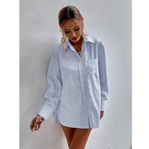 Blue and White Striped Casual Oversized Button Down Shirt Front Pocket - Picture 3 of 8